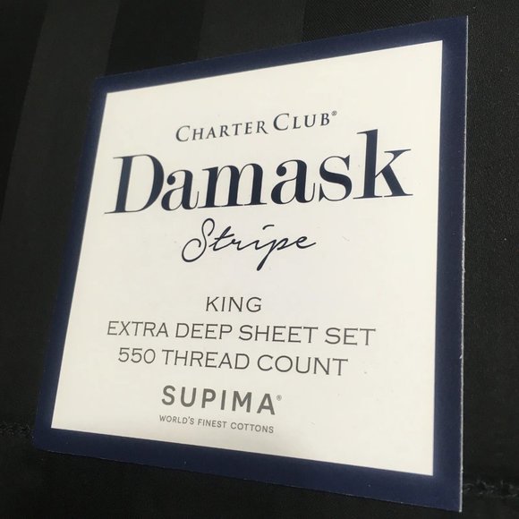 new BLACK STRIPE Charter Club Damask 550TC 100% Cotton KING EXTRA DEEP Sheet Set - Picture 2 of 13